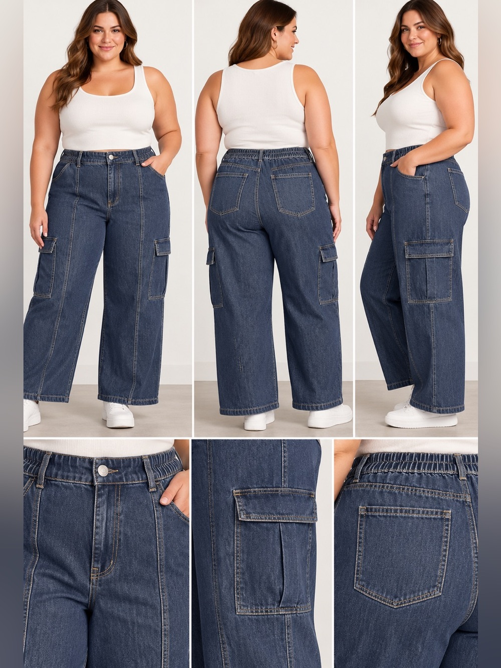 Ava & Viv Plus Size Cargo Wide Leg Jeans Dark Wash Stretch NWT